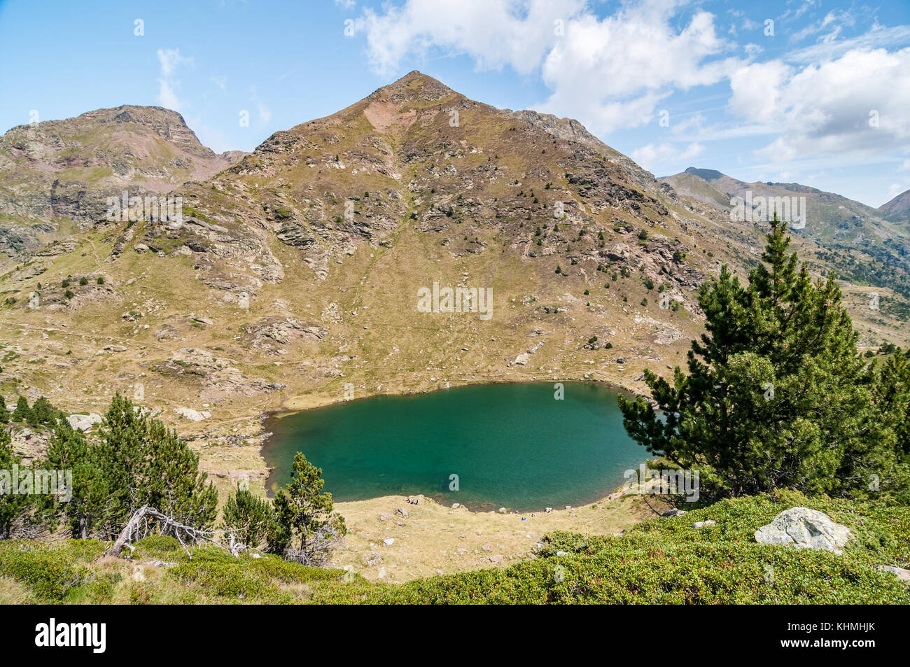 Vista del lago de alta montaña llamada "Estany cebador' cerca de Ordino con mountain pine, Tristaina, Andorra Foto de stock