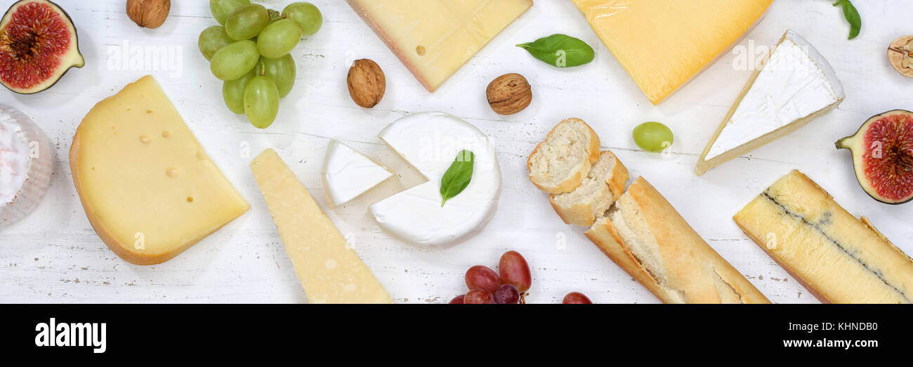 Placa placa plato de queso camembert pan suizo banner vista superior arriba Foto de stock