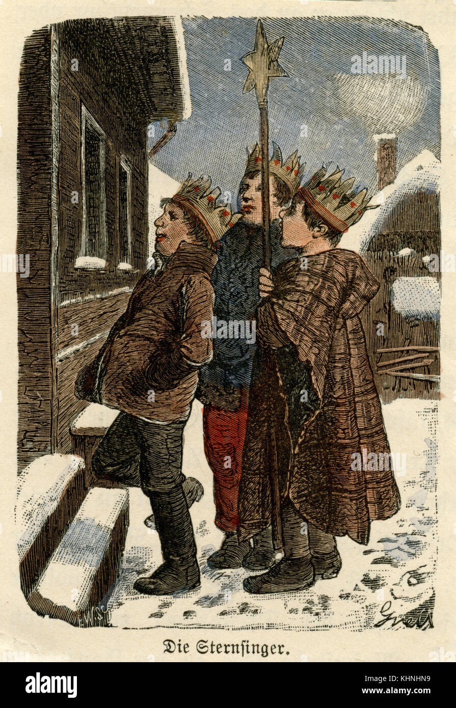 Carrolers: Tres niños y tres reyes santos cantan en una puerta (Sternsinger: Drei Jungen als drei heiligen Könige singen an einer Haustür) Foto de stock
