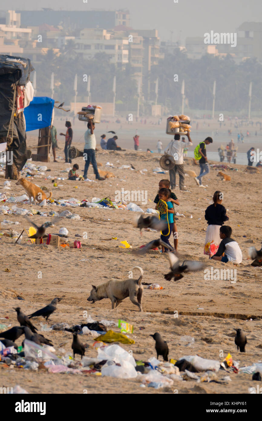 Los cuervos, perros y personas entre la basura plástica en versova beach, Mumbai Foto de stock