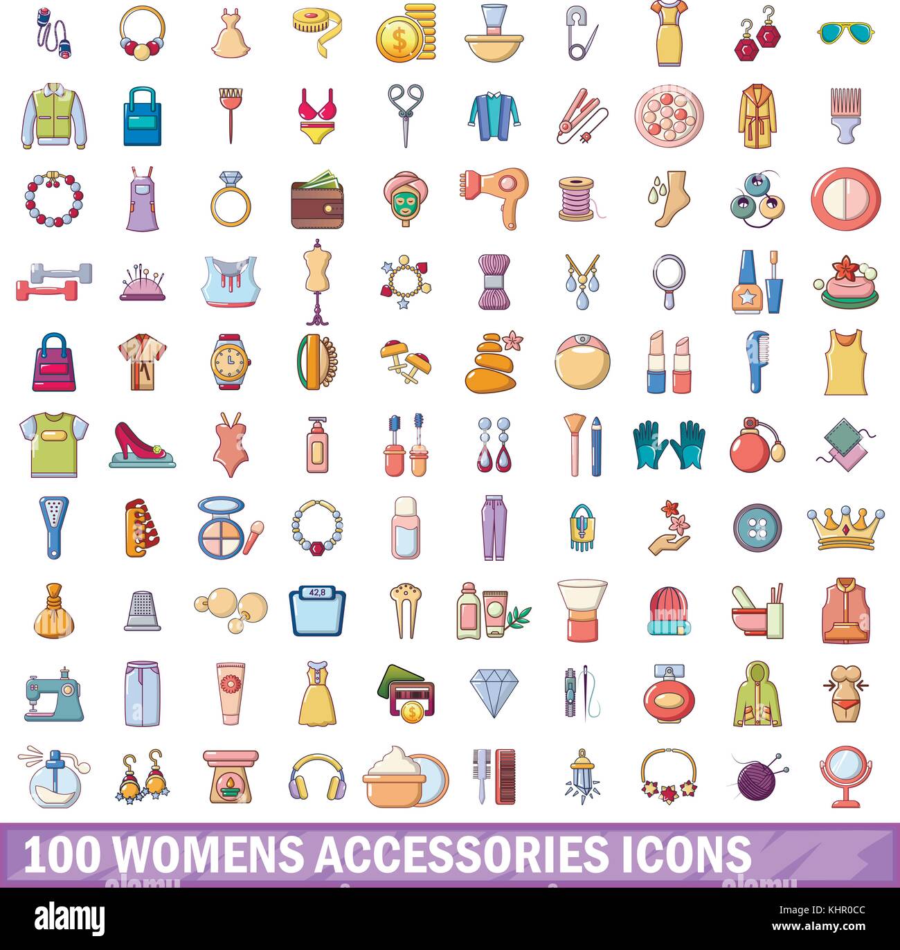 Accesorios para mujer 100 iconos, estilo de animados Imagen Vector de stock - Alamy