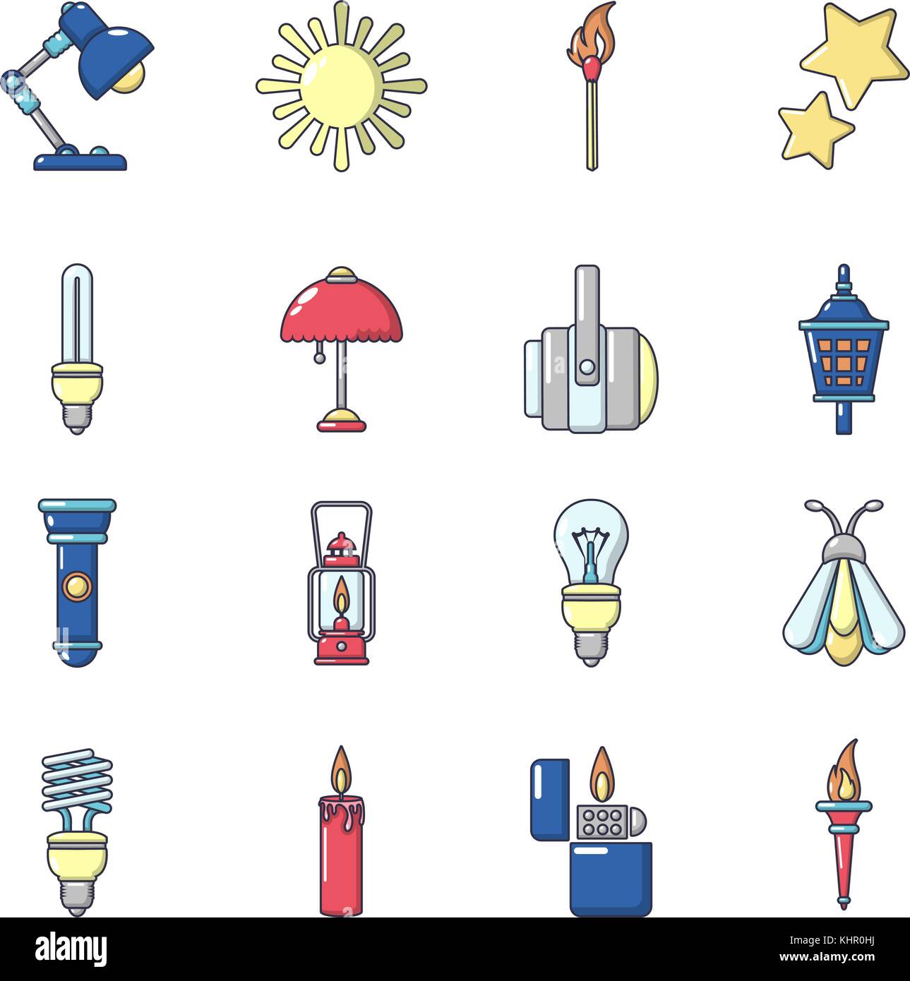 Fuente de luz, conjunto de iconos de estilo de dibujos animados Imagen  Vector de stock - Alamy