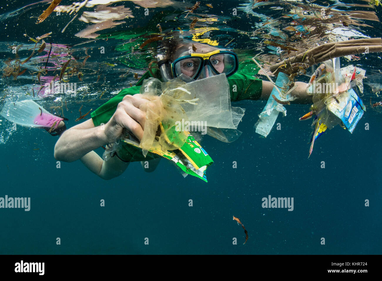 Papelera de plástico recogidos por buceador, Lesser Sunda Islands, Indonesia Foto de stock