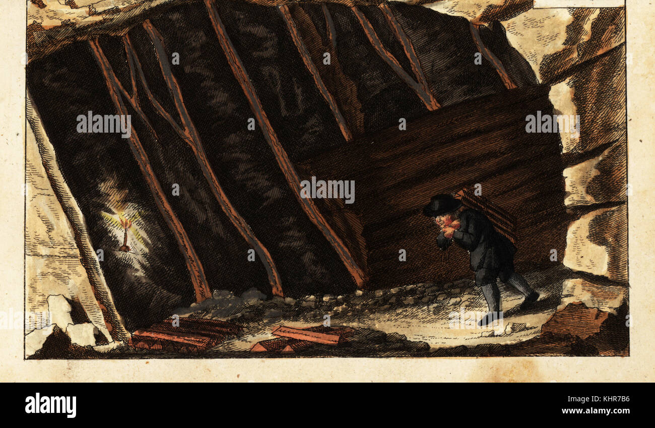 Vista de las vetas de metal dentro de una denominada Stollart en una montaña con vetas paralelas inusuales. Copperplate Handcolored grabado de Gottlieb Tobias Wilhelm's Unterhaltungen aus der Naturgeschichte: Des Mineralreichs, Augsburg, 1828. Foto de stock