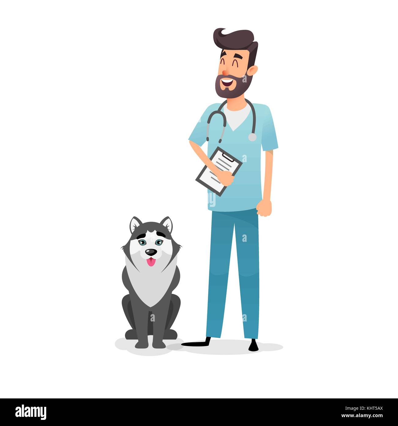 Personaje veterinario de dibujos animados amigable. Feliz veterinario  médico con una carpeta y un estetoscopio se encuentra cerca de la cáscara  del perro. Un médico profesional de una clínica veterinaria curó al