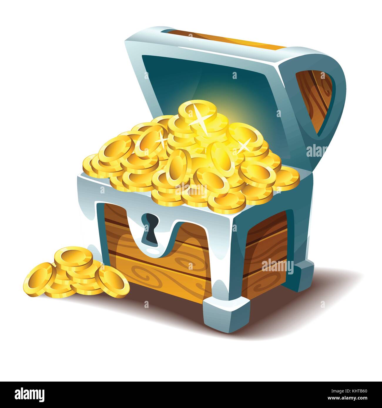 Ilustración del estilo de dibujos animados de vectores de abrir el cofre  del tesoro de oro. aislado sobre fondo blanco. Juego de interfaz de usuario  (GUI) Elemento para juegos de video, c
