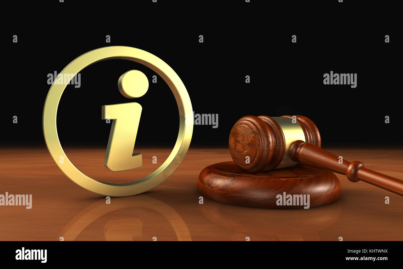 Las leyes y el sistema jurídico del concepto de información info con el símbolo y el icono y un martillo 3D ilustración. Foto de stock