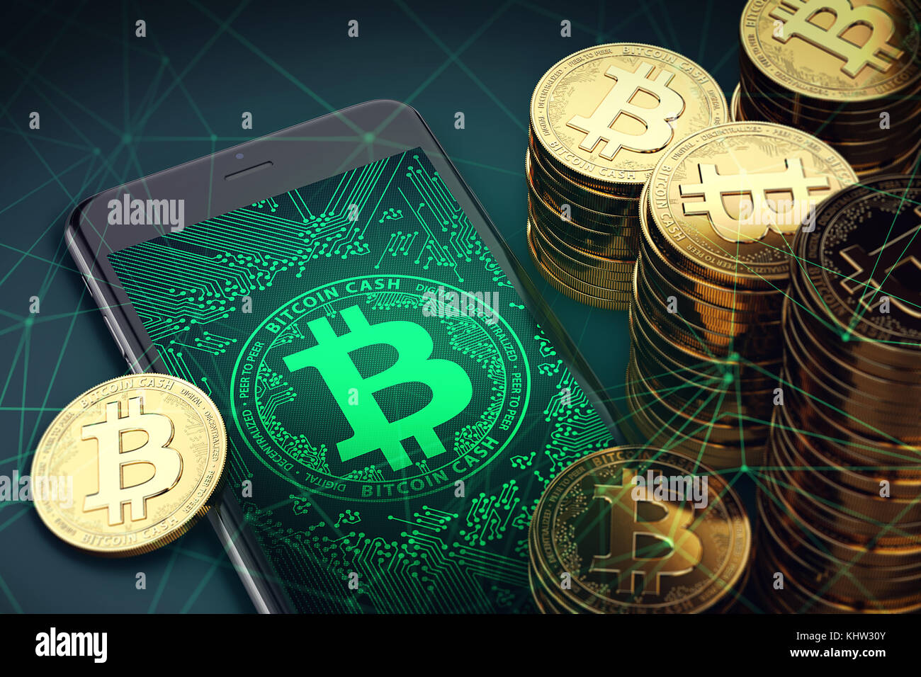 Bitcoin en pantalla el símbolo de efectivo entre montones de BCC/bch monedas. 3D rendering Foto de stock