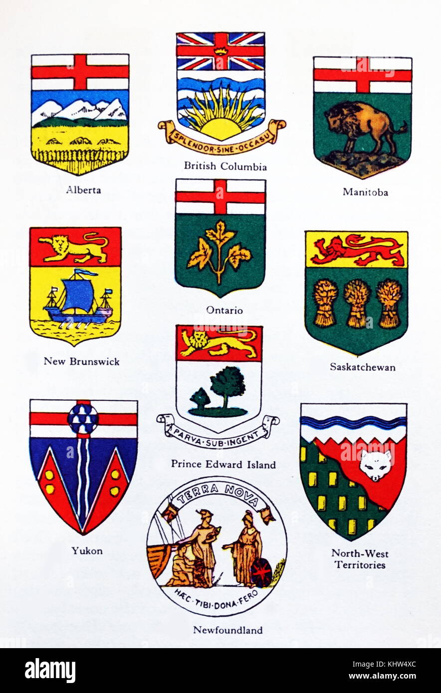 Ilustración mostrando las insignias de las provincias y territorios canadienses. Fecha Siglo XX Foto de stock