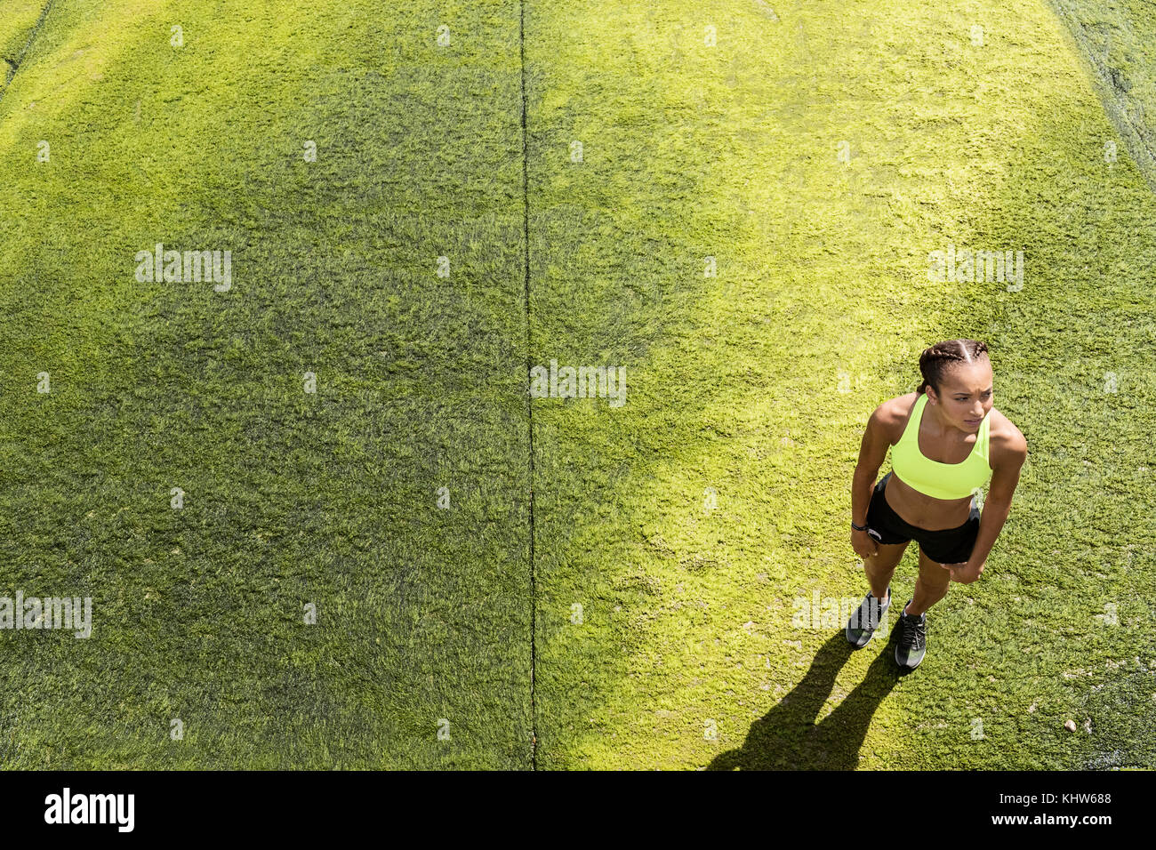 Joven mujer vistiendo ropa deportiva, de pie en algas, vista elevada Foto de stock