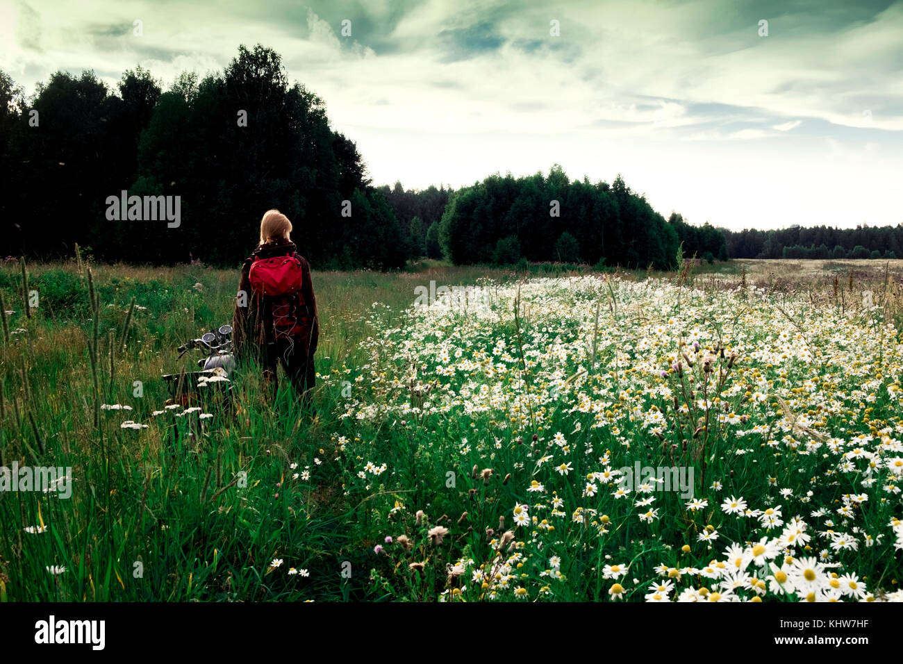 Mujer de pie en la pradera, vista trasera, Ural, Sverdlovsk, Rusia, Europa Foto de stock