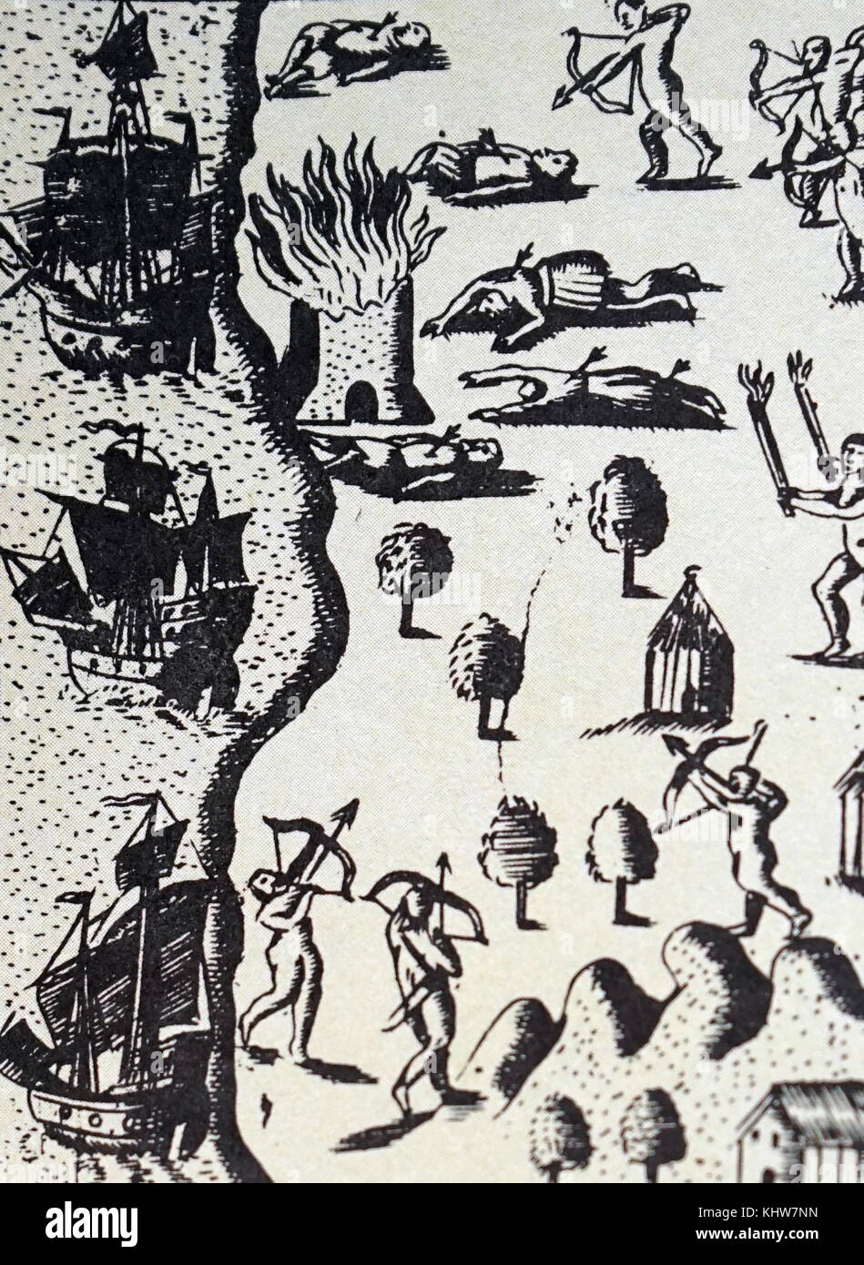 Ilustración representando a los españoles, abandonados por Cristóbal Colón, siendo asesinado por los indios, Navidad. Fecha del siglo XV. Foto de stock