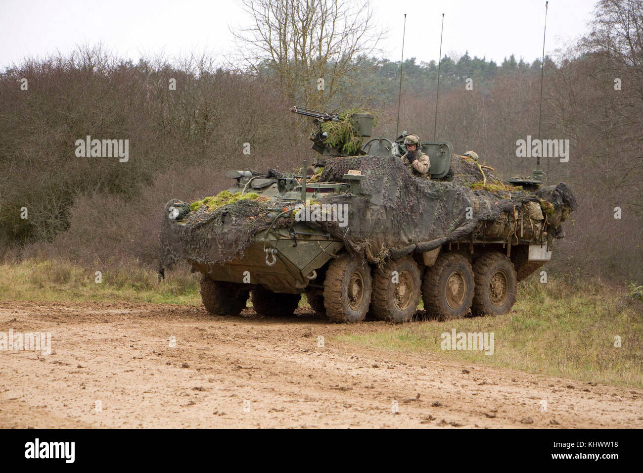 Soldados de la 1ª Escuadrilla, 2d Regimiento de Caballería en su vehículo de Combate Stryker se están entrenando en una batalla contra fuerzas opuestas durante el espíritu aliado VII en la séptima la formación del ejército del Comando Área de Formación Hohenfels, Alemania, el 30 de octubre a 22 de noviembre de 2017. Spirit es un aliado del ejército de EE.UU. Europa-dirigido, 7ATC-realizado ejercicio multinacional serie designados para desarrollar y mejorar la interoperabilidad y la disponibilidad de la OTAN. Foto de stock