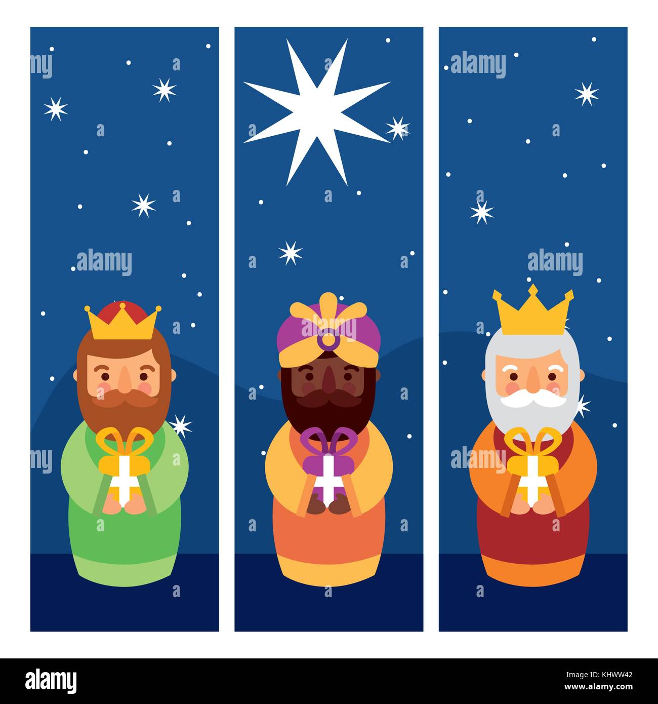 Feliz Dia de los reyes tres Reyes Magos traen regalos a Jesús Imagen Vector  de stock - Alamy