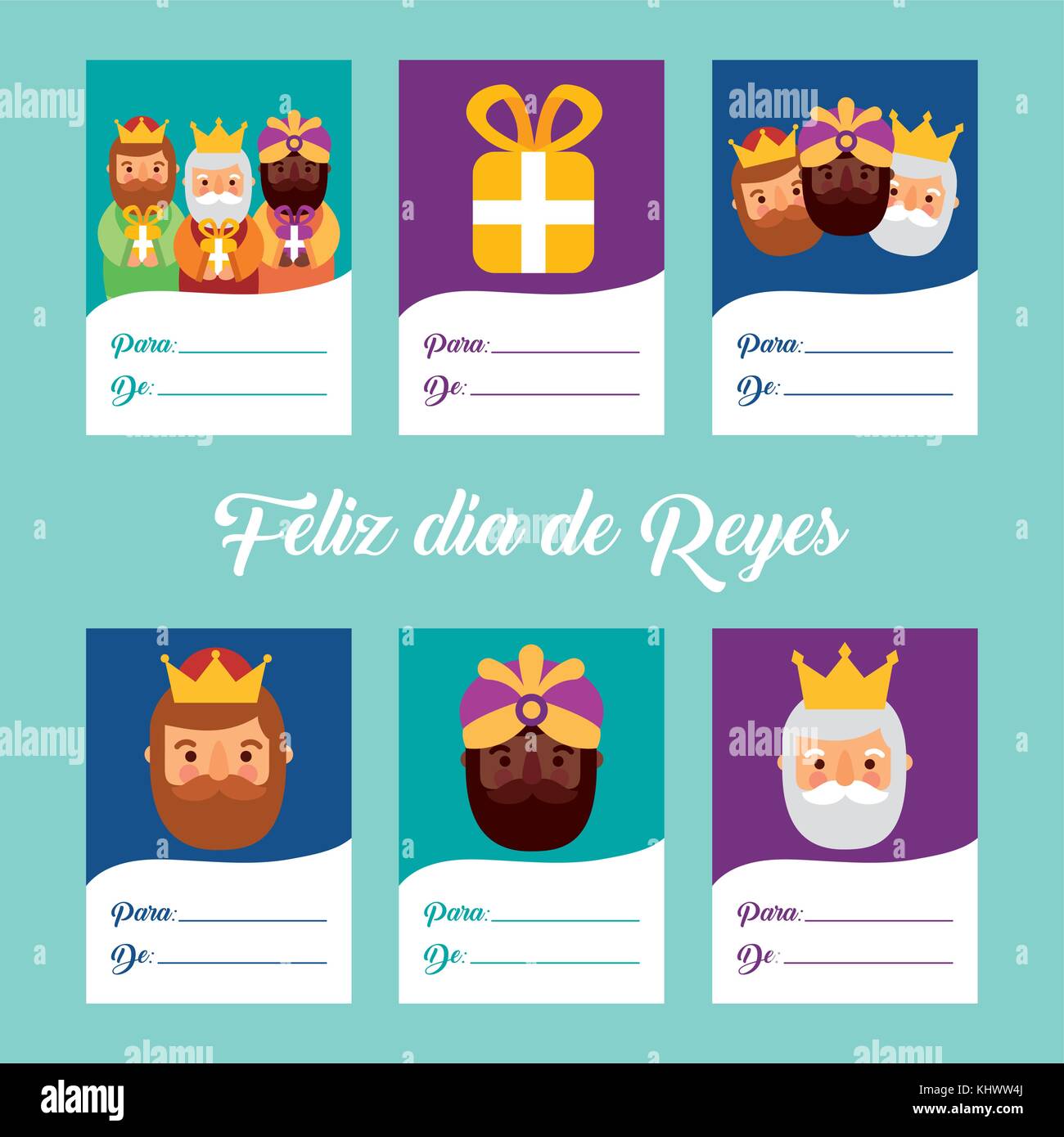 Tarjetas De Reyes Magos Cute tarjetas de felicitación invitación con tres reyes magos trayendo  regalos y papel en blanco ilustración vectorial Imagen Vector de stock -  Alamy