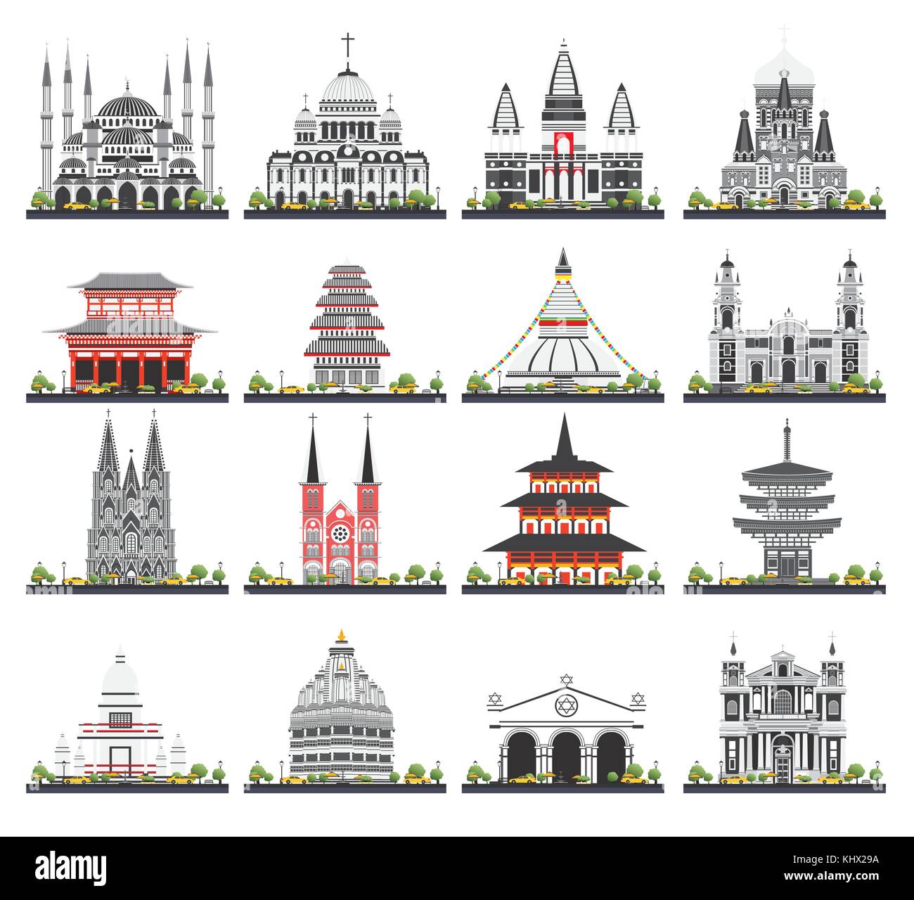 Conjunto de edificios religiosos aislado sobre fondo blanco. ilustración vectorial. Mezquita, el templo, la sinagoga, la iglesia. Ilustración del Vector