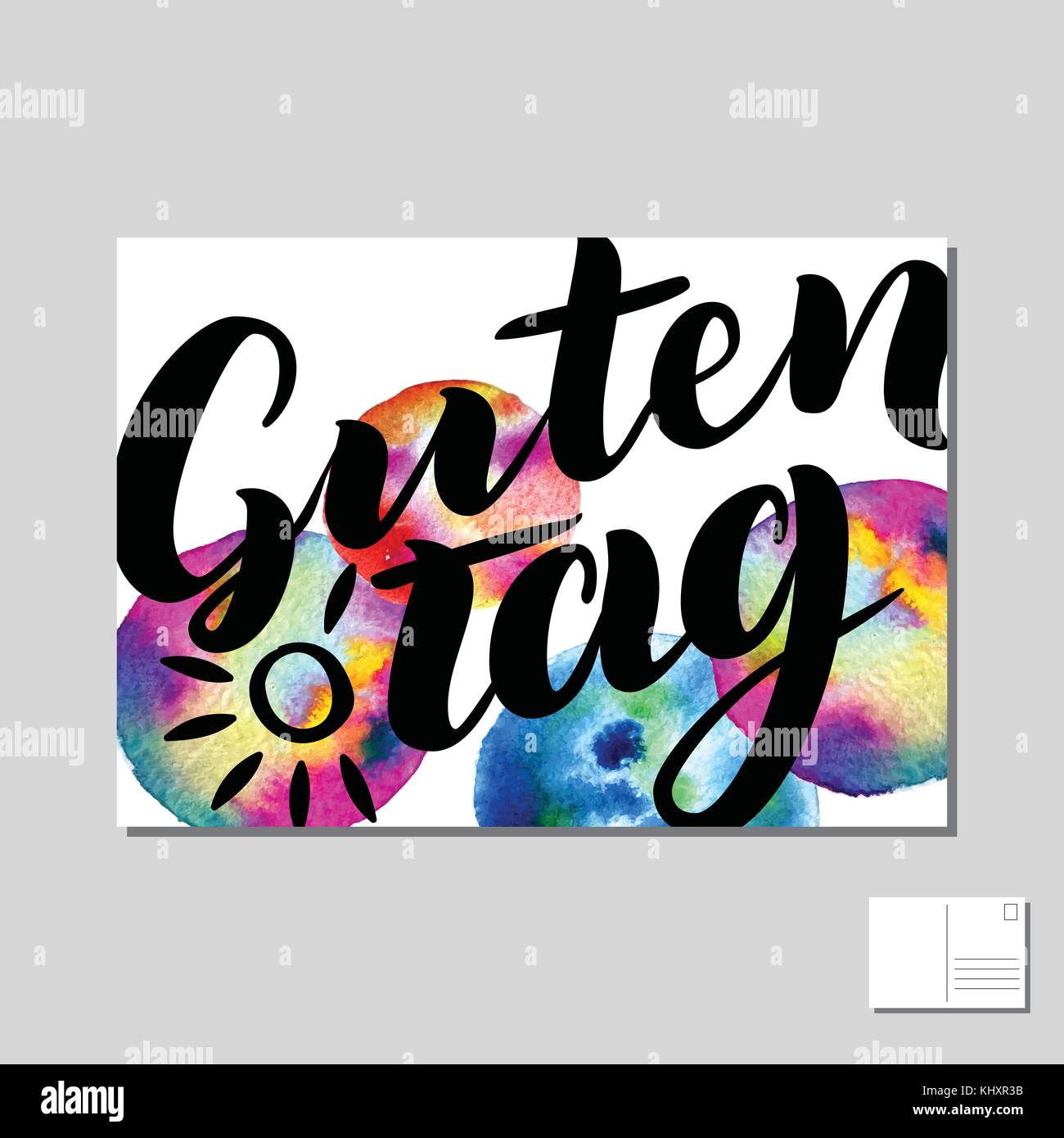 Guten Tag, buenos días, hola en alemán dibujados a mano postal con