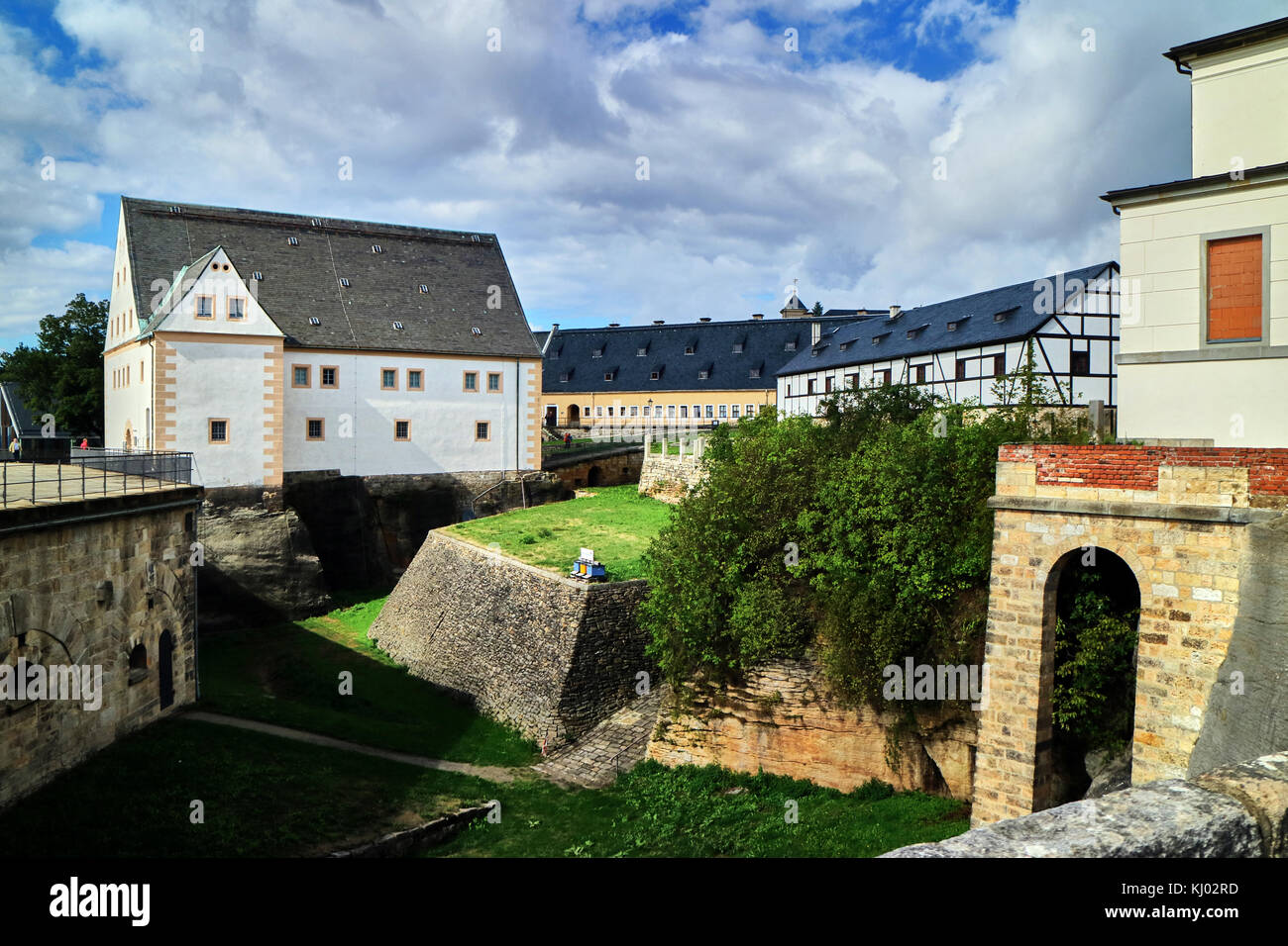 En Europa, Alemania, Sajonia, Königstein Fortaleza (Alemán: Festung Königstein), el 'Saxon Bastille", es una fortaleza en la cima de la colina, cerca de Dresden, en la suiza sajona, Alemania, por encima del pueblo de Königstein, en la orilla izquierda del río Elba. Es una de las mayores fortificaciones en la cima de la montaña en Europa y se asienta sobre la tabla colina del mismo nombre. Foto de stock