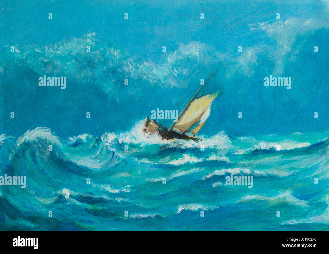 Pintura al óleo original de lonely pequeño velero luchando en una tormenta en el mar Foto de stock
