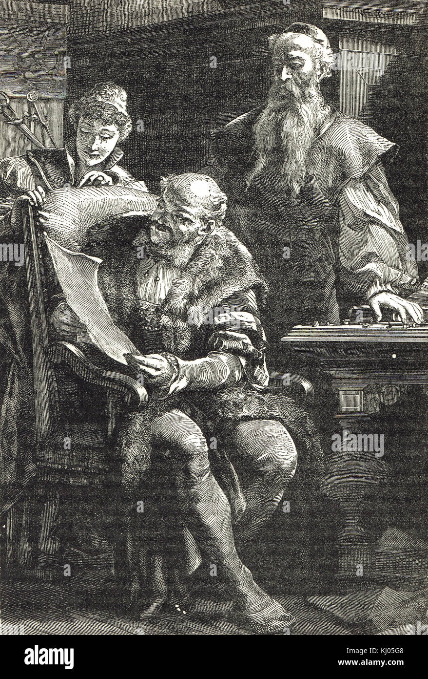 Gutenberg mostrando Fust (también escanda Faust) el primer libro impreso Foto de stock
