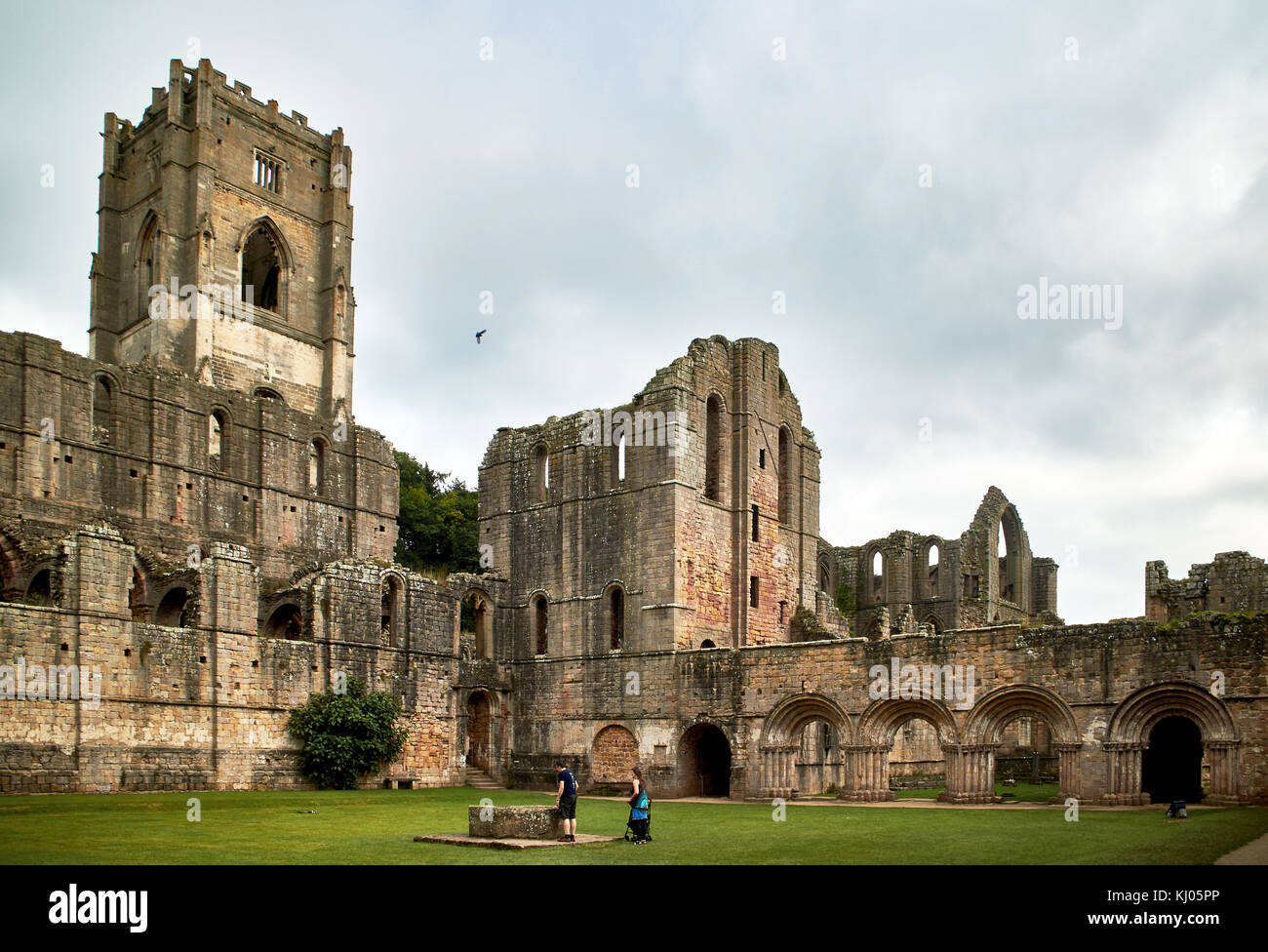 Inglaterra, NorthYorkshire; las ruinas de la abadía cisterciense del siglo XII conocida como Fountains Abbey, uno de los mejores ejemplos de arquitectura monástica en el mundo. La torre del abad Huby, (1495-1526), todavía domina el paisaje del valle. Junto con sus alrededores 800 acres de parque paisajístico del siglo XVIII, Fuentes Abadía ha sido designado como un Sitio de Patrimonio Mundial de la UNESCO. North Yorkshire, Inglaterra, Reino Unido. Ca. 1995. | Ubicación: Cerca de Ripon, en Yorkshire, Inglaterra, Reino Unido. Foto de stock