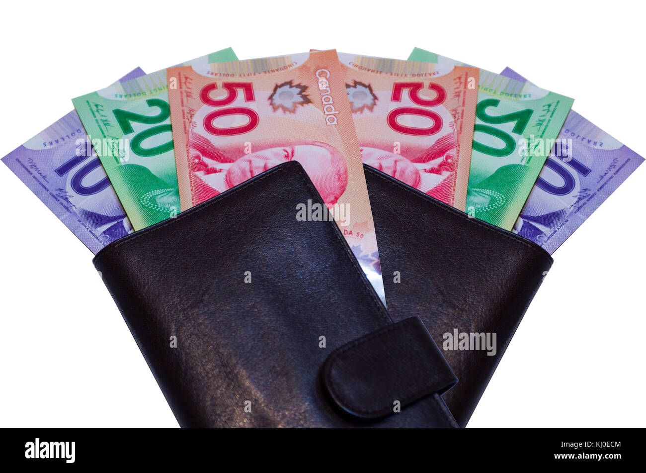 Dólares canadienses en la billetera de cuero marrón Foto de stock