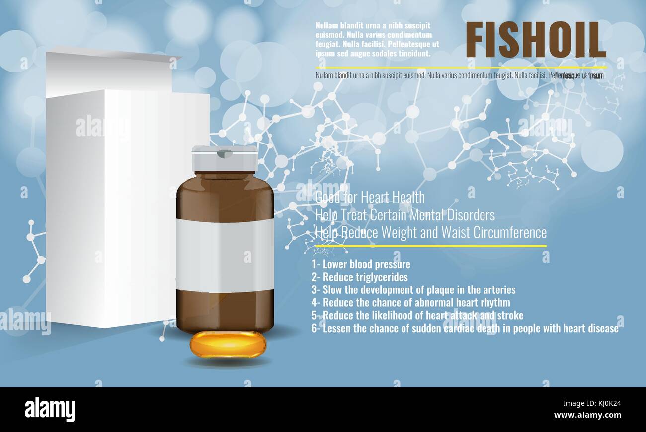 Aceite de pescado lindo diseño ads plantilla con conocimientos químicos. Ilustración del Vector