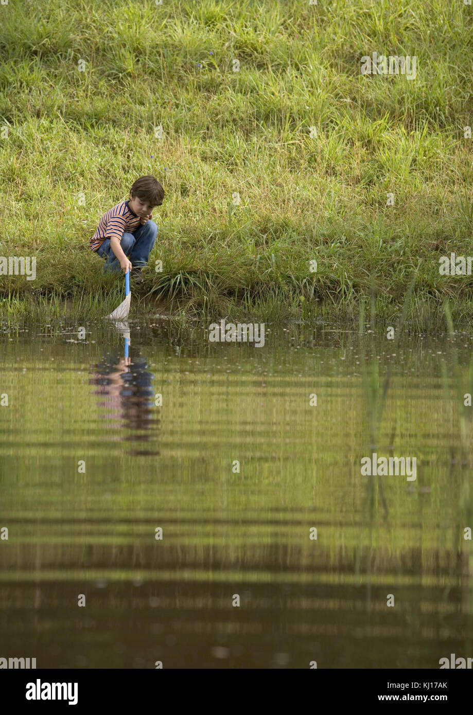 Niño con net capturar la vida acuática Foto de stock