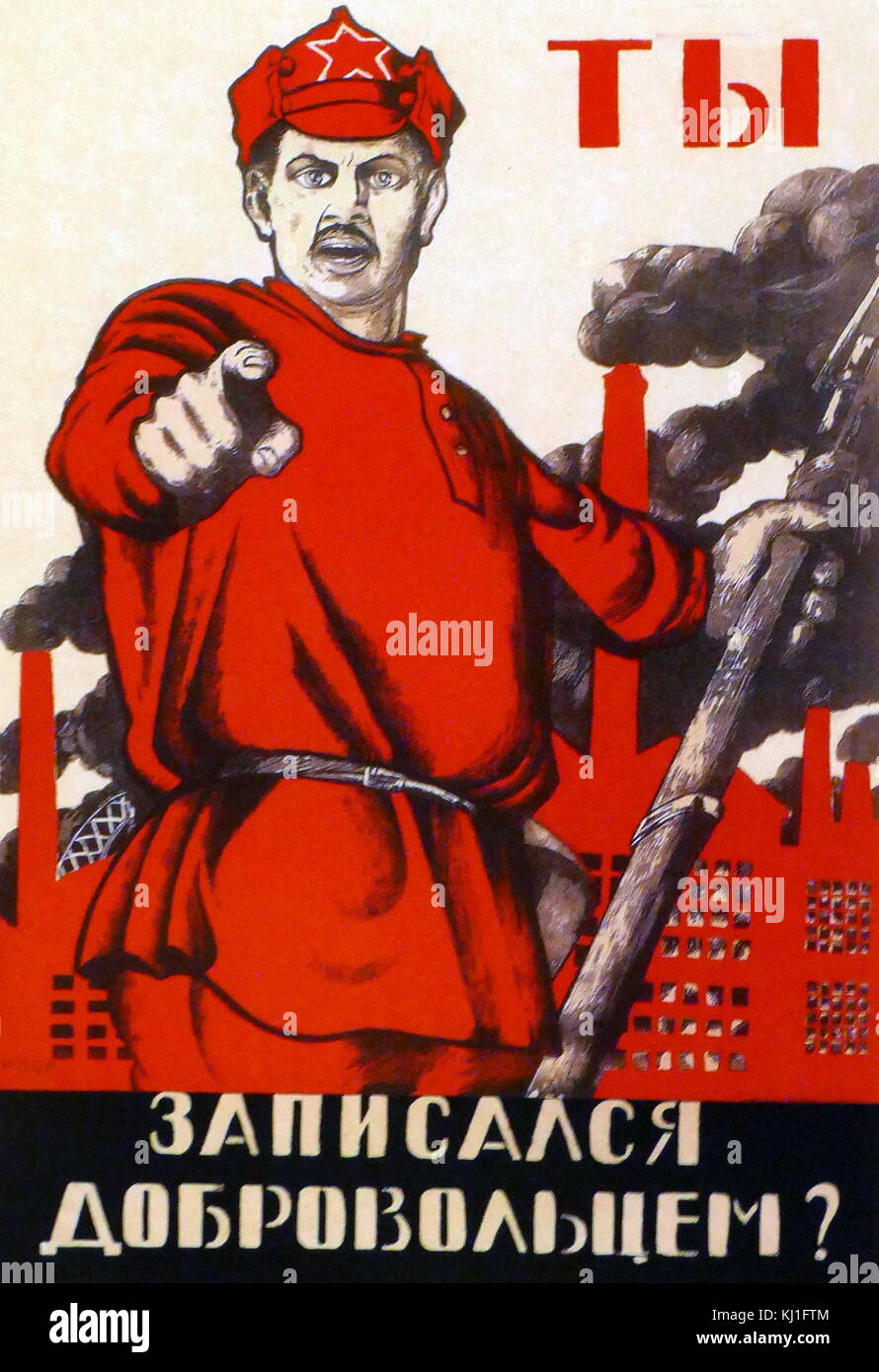 Cartel propagandístico ruso soviético por Dmitri Moor. Únete a los Voluntarios 1920 Foto de stock