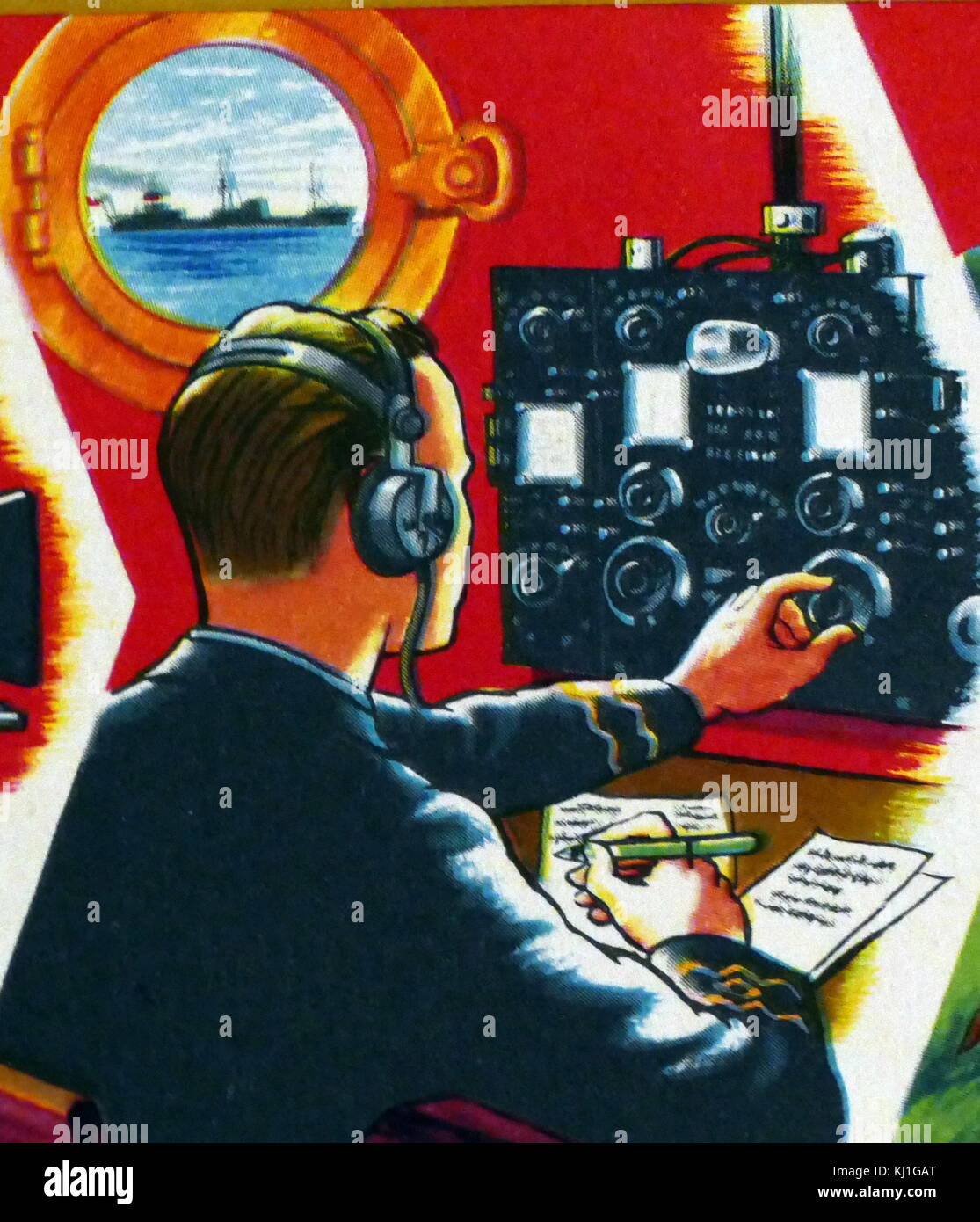 1950 English ilustración representando un buque del operador de radio inalámbrica Foto de stock