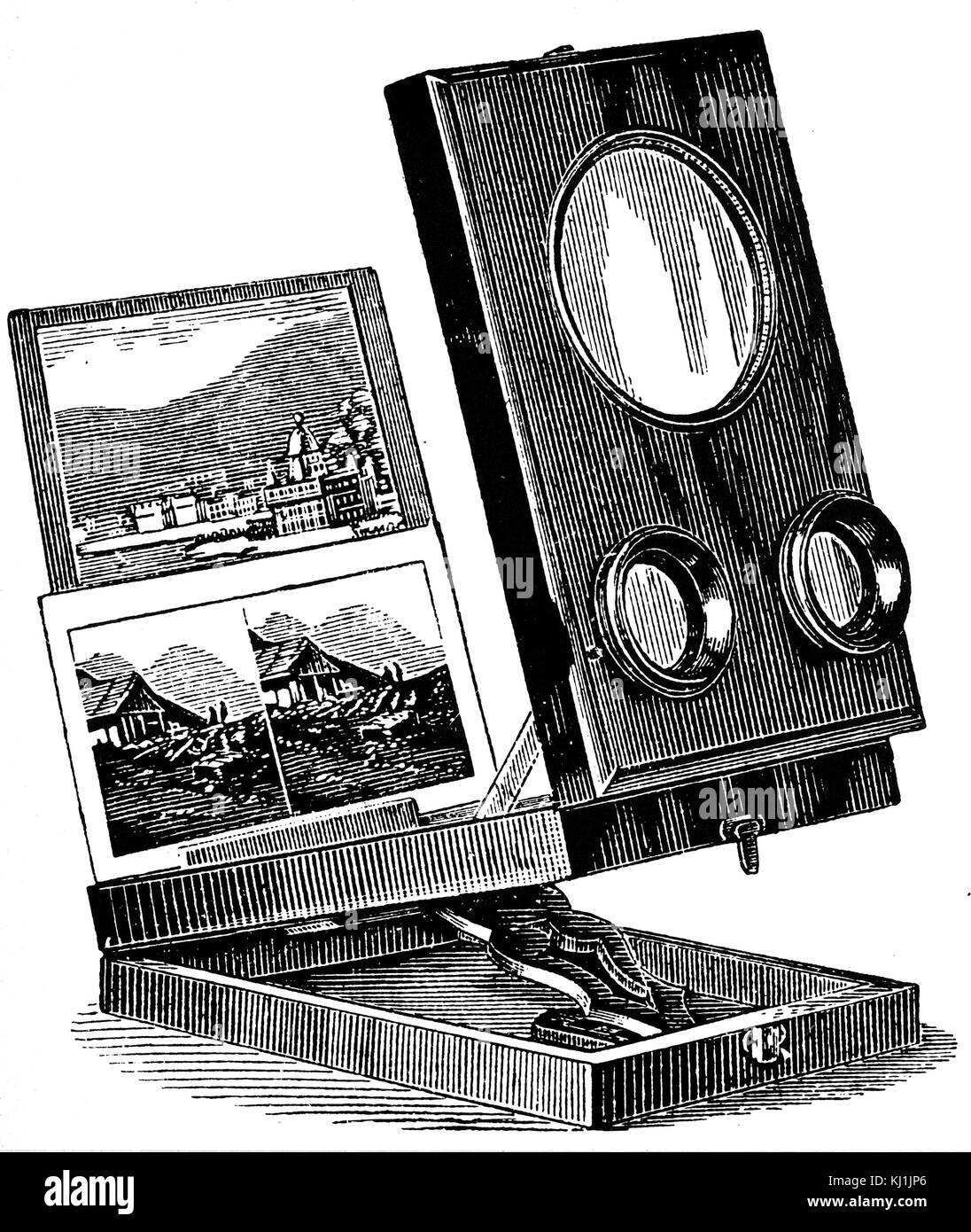 Grabado representando un plegable refracte estereoscopio con imagen de descanso. Fecha del siglo XIX Foto de stock