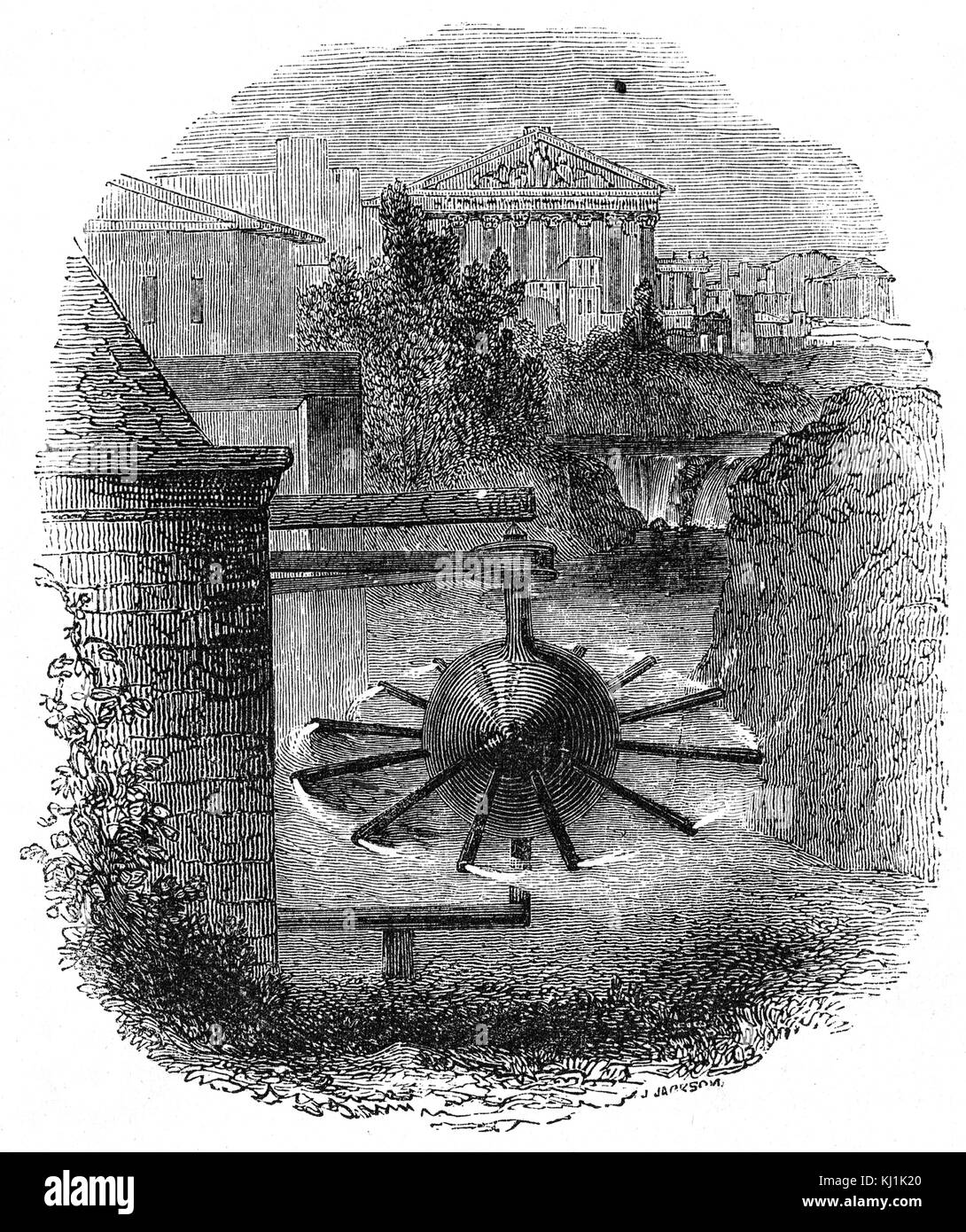 Ilustración mostrando acción y reacción mediante el uso de una reconstrucción de la locomotora de vapor desarrollado por Hero de Alejandría Foto de stock