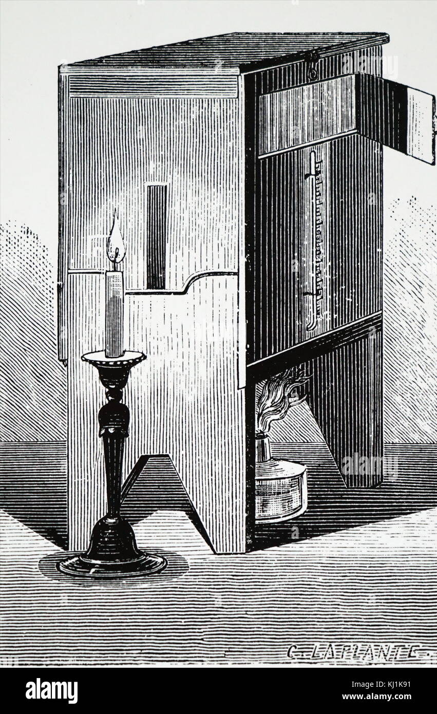 Grabado representando un cuadro de mercurio utilizado para desarrollar daguerrotipo fotografías inventado por Louis Daguerre. Louis Daguerre (1787-1851), un artista francés, inventor y fotógrafo. Fecha del siglo XIX Foto de stock