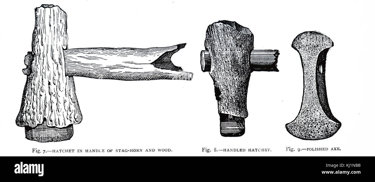 Grabado representando Neolítico implementa incluyendo hacha con un cuerno de ciervo y mango de madera. Fecha del siglo XIX Foto de stock
