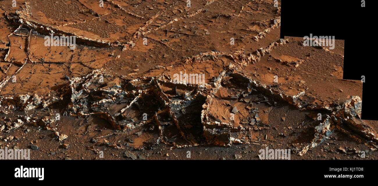 Vista desde la cámara del mástil (Mastcam) curiosidad en NASA's Mars Rover, mostrando una red de dos tonos de vetas de minerales en una zona denominada "Ciudad Jardín" en la parte inferior de Monte Agudo. Vetas de minerales tales como estos forman donde los fluidos se mueven a través de las rocas fracturadas, depositando minerales en las fracturas y afectando a la química de la roca circundante. En este caso, las venas han sido más resistentes a la erosión de la roca huésped circundante. Foto de stock
