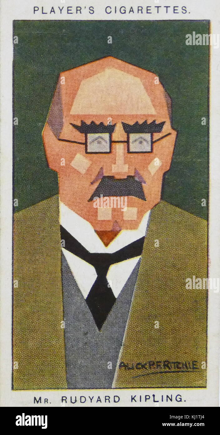 Tarjeta de cigarrillos del jugador representando Joseph Rudyard Kipling  (1865 - 1936). Periodista inglés, escritor de cuentos, poeta y novelista. Kipling  obras de ficción incluyen el libro de la Selva (1894), Kim (