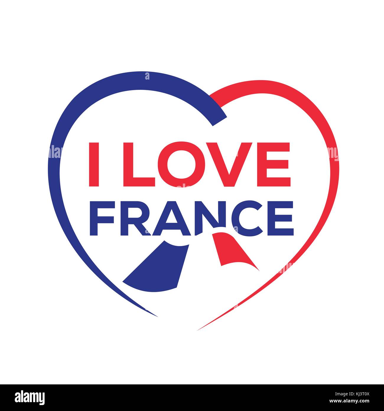Amo a francia con contorno del corazón y de la bandera francesa, el diseño de iconos, aislado sobre fondo blanco. Ilustración del Vector