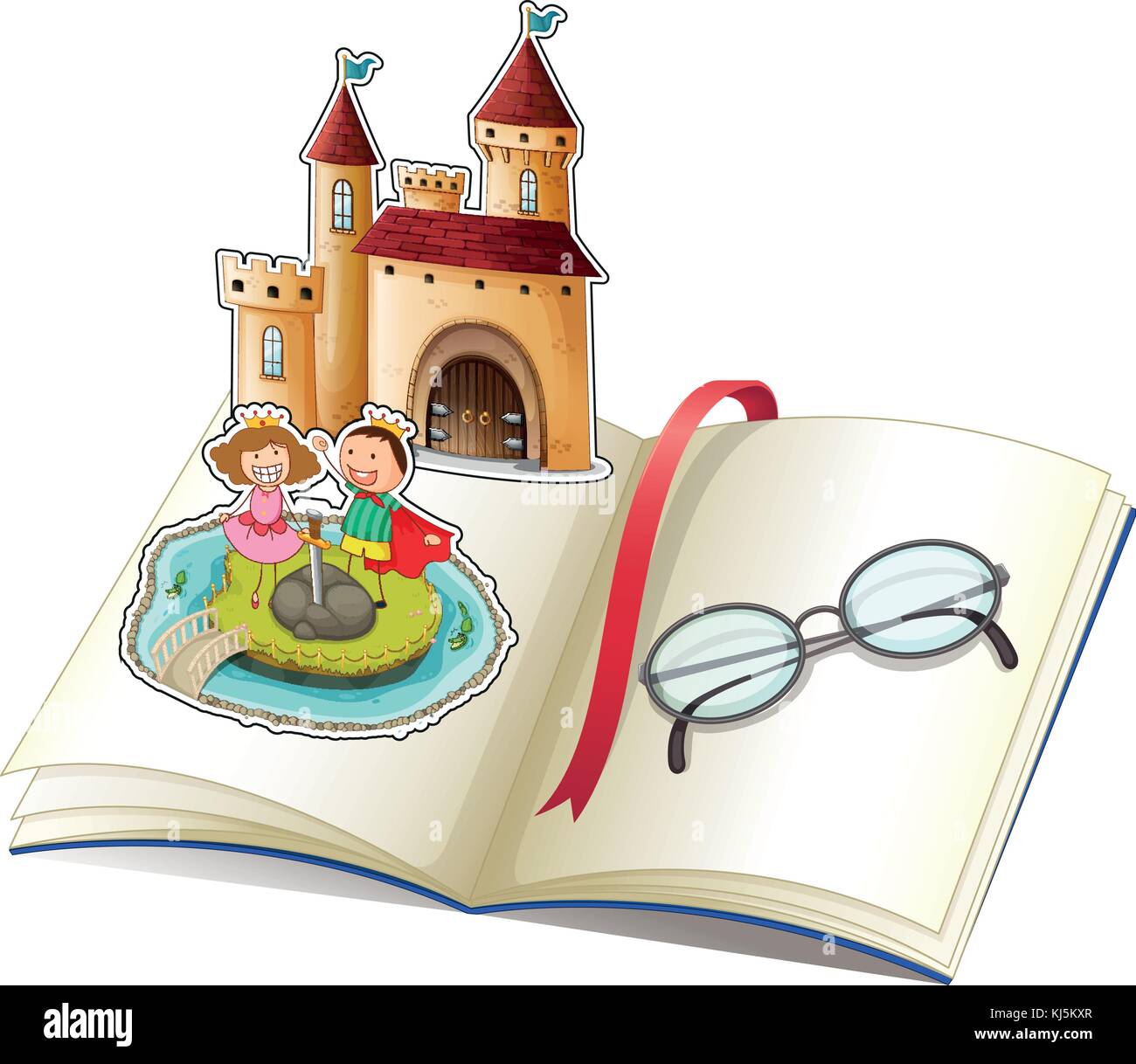 Ilustración de un libro con un castillo y una gafas de lectura sobre un fondo blanco. Ilustración del Vector