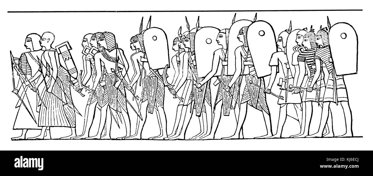 Soldados egipcios del período de la XVIII y XIX dinastía después de Lenormant (Ägyptische Soldaden aus der Zeit der 18. Und 19. Dynastie. Nach Lenormant) Foto de stock