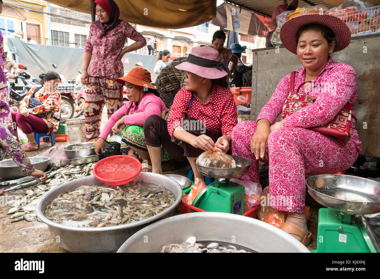Frauen auf dem Fischmarkt en Kampot, Kambodscha, Asien | mujeres en el mercado de pescado en Kampot, Camboya, Asia Foto de stock