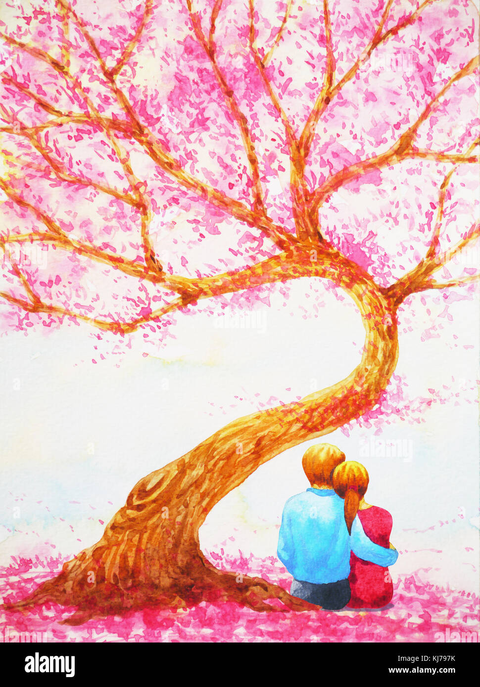 Amante de la pareja sentada bajo el árbol del amor san valentín pintura acuarela dibujada a mano Foto de stock