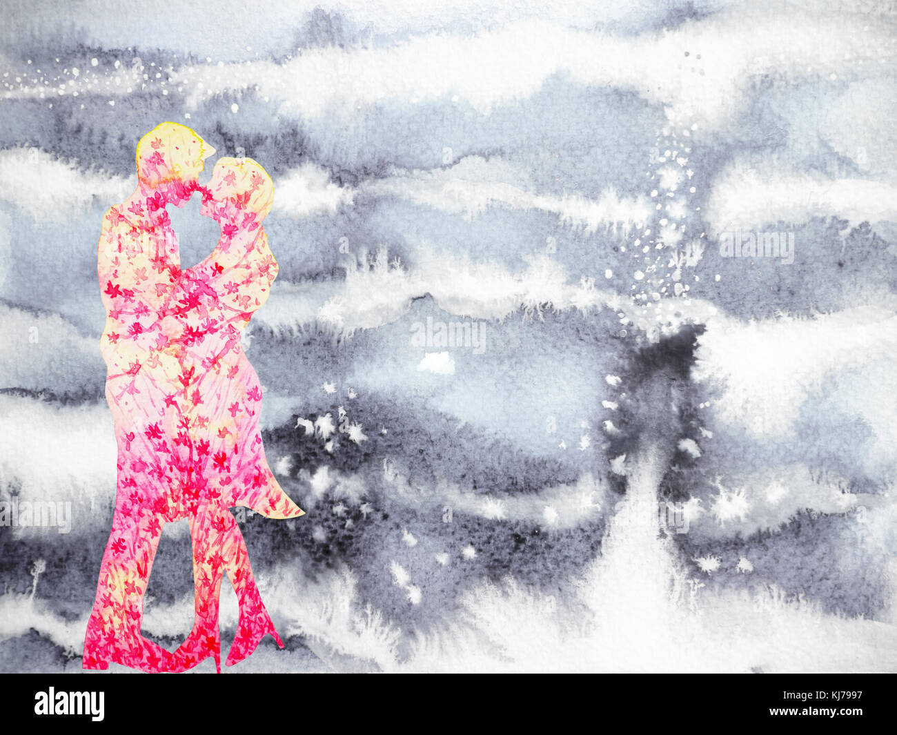 Los amantes de la pareja dulce amor en invierno pintura acuarela dibujada a mano Foto de stock