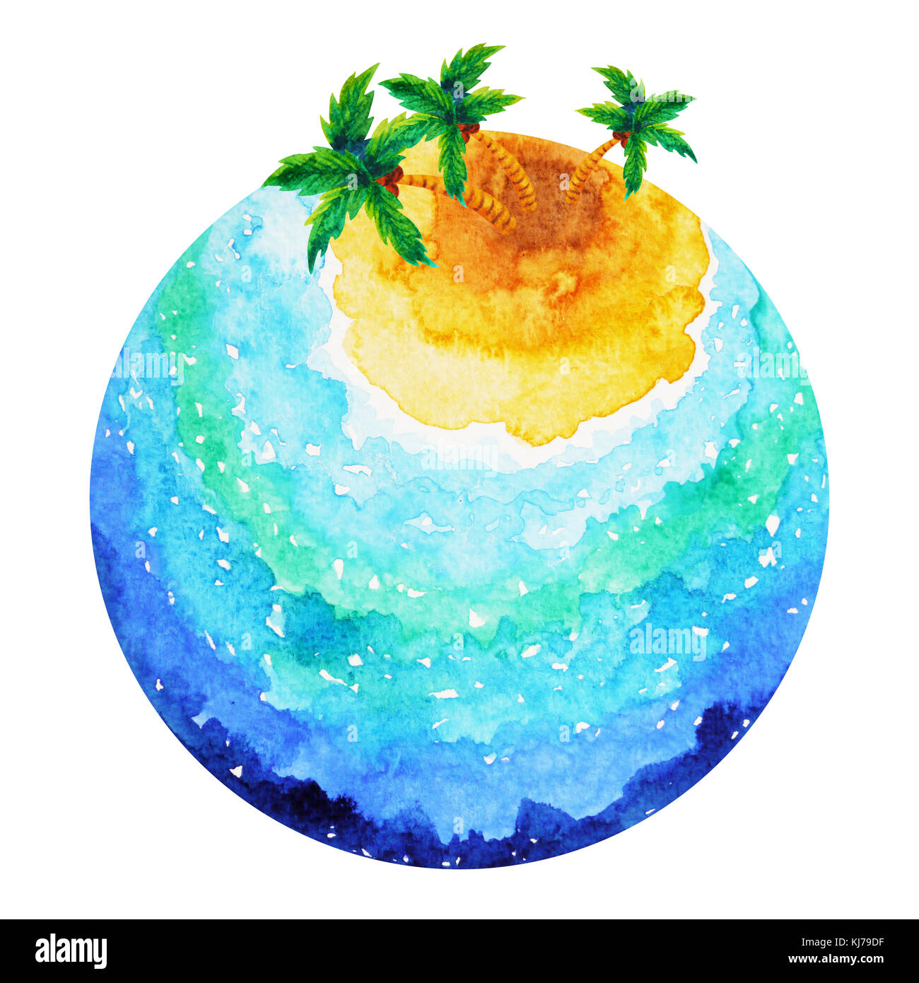 Pequeña isla grande de tierra Ocean World pintura acuarela diseño ilustración dibujada a mano Foto de stock