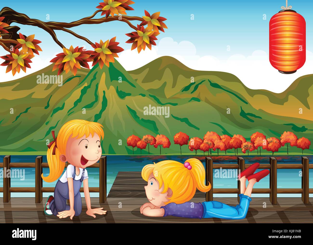 Ilustración de las dos chicas hablando en el puente de madera Imagen Vector  de stock - Alamy