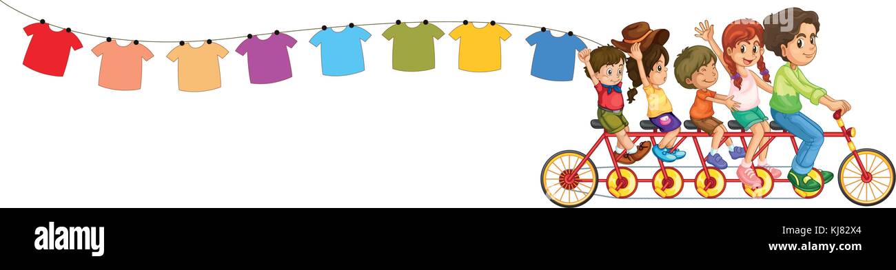 Ilustración de una bicicleta con los niños y las prendas colgadas sobre un fondo blanco. Ilustración del Vector