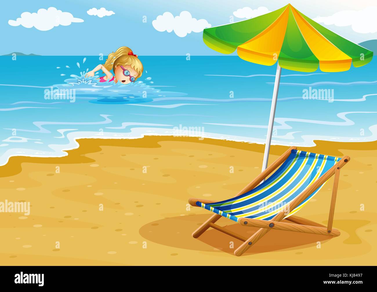 Ilustración de una chica nadando en la playa con una silla y una sombrilla  en la orilla Imagen Vector de stock - Alamy