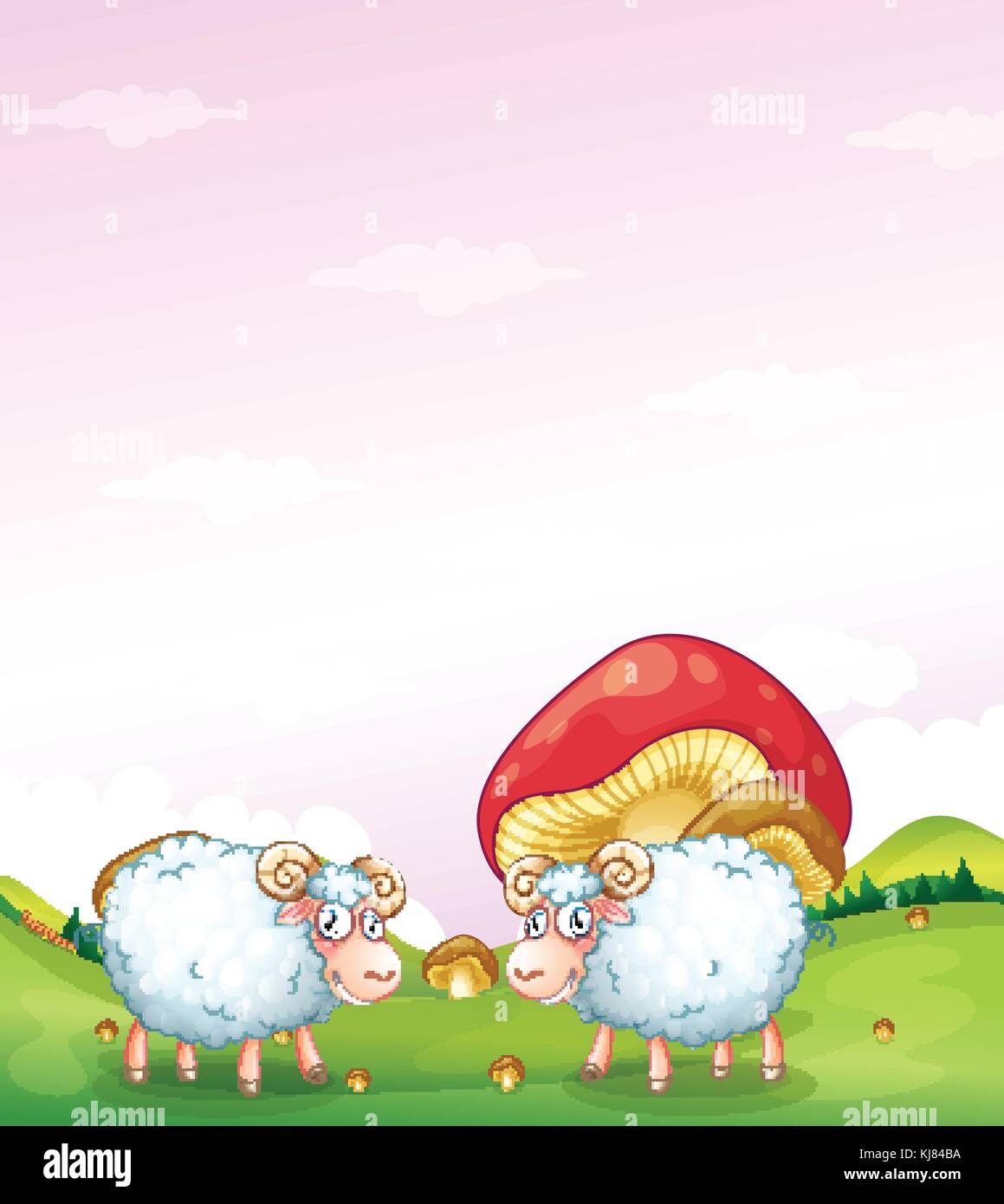 Ilustración de las dos ovejas en la colina con champiñones Ilustración del Vector