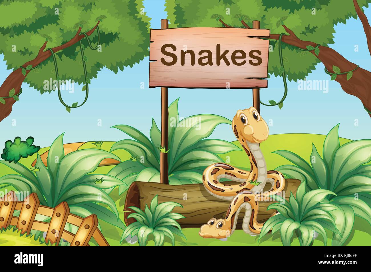 Ilustración de las serpientes en las colinas junto a un cartel de madera Ilustración del Vector