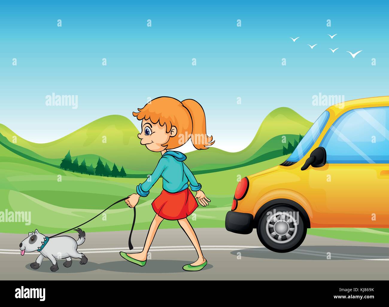Ilustración de una chica con un perro caminando por la calle Ilustración del Vector