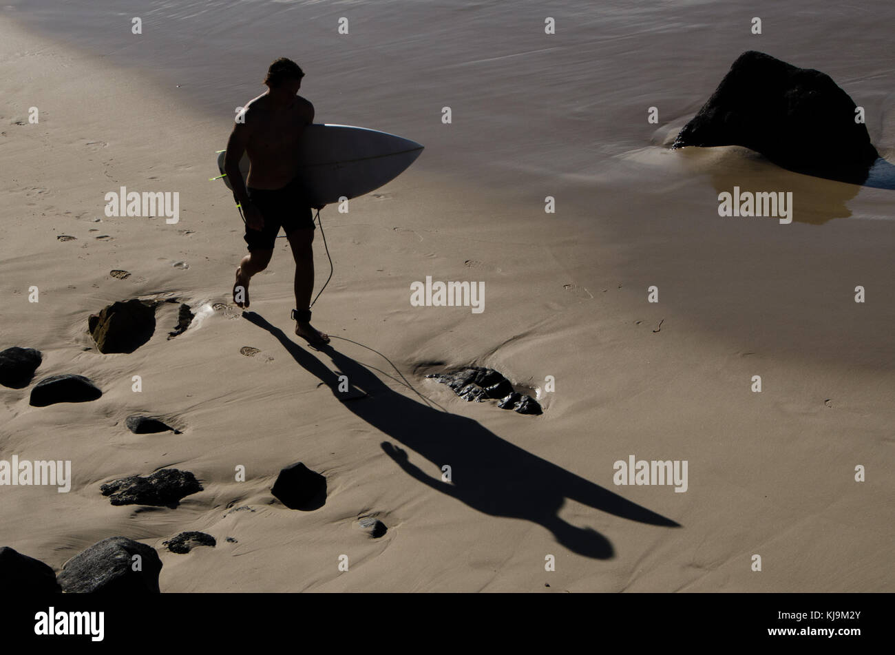 La figura del macho solitario caminando por la playa con tabla de surf. Silueta de surfista masculino que generan largas sombras sobre la arena mientras camina en la playa al atardecer. Foto de stock